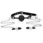 Черный кляп-шарик с зажимами на соски на металлической цепочке - Notabu - купить с доставкой в Нижнекамске