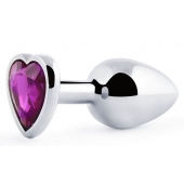Серебристая анальная пробка с фиолетовым кристаллом-сердечком - 8 см. - Anal Jewelry Plug - купить с доставкой в Нижнекамске