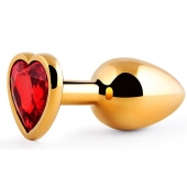 Золотистая анальная пробка с красным стразом-сердечком - 8 см. - Anal Jewelry Plug - купить с доставкой в Нижнекамске