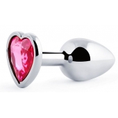 Серебристая анальная пробка с розовым кристаллом-сердечком - 7 см. - Anal Jewelry Plug - купить с доставкой в Нижнекамске