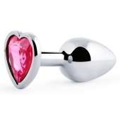 Серебристая анальная пробка с малиновым кристаллом-сердечком - 7 см. - Anal Jewelry Plug - купить с доставкой в Нижнекамске