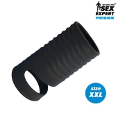 Черная открытая насадка на пенис с кольцом для мошонки XXL-size - 9,4 см. - Sex Expert - в Нижнекамске купить с доставкой