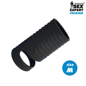 Черная открытая насадка на пенис с кольцом для мошонки size M - 7,9 см. - Sex Expert - в Нижнекамске купить с доставкой