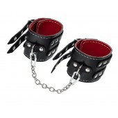 Черные кожаные оковы с двумя ремнями и красной подкладкой - Pecado - купить с доставкой в Нижнекамске