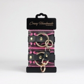 Черные кожаные наручники с розовой строчкой - Crazy Handmade - купить с доставкой в Нижнекамске