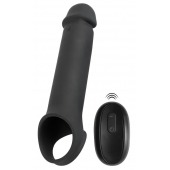 Черная вибронасадка для пениса с хомутом для мошонки и пультом ДУ Remote Controlled Penis Extension - Orion - в Нижнекамске купить с доставкой