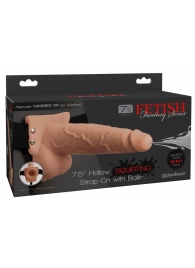 Телесный полый страпон с имитацией эякуляции 7.5  Hollow Squirting Strap-On with Balls Flesh - 21,6 см. - Pipedream - купить с доставкой в Нижнекамске