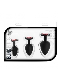 Набор черных анальных пробок с красным кристаллом-сердечком Bling Plugs Training Kit - Blush Novelties - купить с доставкой в Нижнекамске