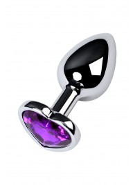 Серебристая коническая анальная пробка с фиолетовым кристаллом-сердечком - 7 см. - ToyFa - купить с доставкой в Нижнекамске