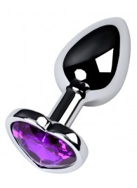 Серебристая коническая анальная пробка с фиолетовым кристаллом-сердечком - 7 см. - ToyFa - купить с доставкой в Нижнекамске