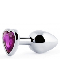 Серебристая анальная пробка с фиолетовым кристаллом-сердечком - 8 см. - Anal Jewelry Plug - купить с доставкой в Нижнекамске