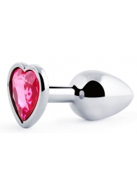 Серебристая анальная пробка с розовым кристаллом-сердечком - 7 см. - Anal Jewelry Plug - купить с доставкой в Нижнекамске