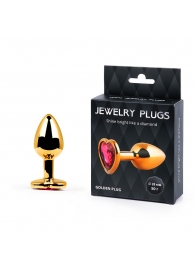 Золотистая анальная пробка с малиновым кристаллом-сердечком - 7 см. - Anal Jewelry Plug - купить с доставкой в Нижнекамске