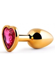 Золотистая анальная пробка с малиновым кристаллом-сердечком - 7 см. - Anal Jewelry Plug - купить с доставкой в Нижнекамске