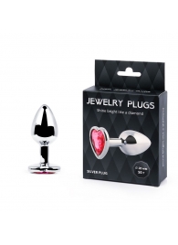 Серебристая анальная пробка с малиновым кристаллом-сердечком - 7 см. - Anal Jewelry Plug - купить с доставкой в Нижнекамске