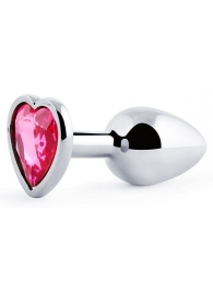 Серебристая анальная пробка с малиновым кристаллом-сердечком - 7 см. - Anal Jewelry Plug - купить с доставкой в Нижнекамске