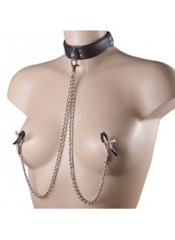 Черный ошейник с металлическими зажимами на соски и поводком - Sitabella - купить с доставкой в Нижнекамске