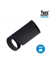 Черная открытая насадка на пенис с кольцом для мошонки size M - 7,9 см. - Sex Expert - в Нижнекамске купить с доставкой