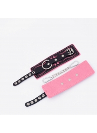 Черно-розовые кожаные наручники с розовой строчкой - Crazy Handmade - купить с доставкой в Нижнекамске