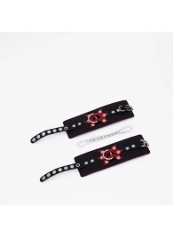 Черные кожаные наручники с красным декором и строчкой - Crazy Handmade - купить с доставкой в Нижнекамске
