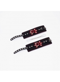 Черные кожаные наручники с красным декором и строчкой - Crazy Handmade - купить с доставкой в Нижнекамске