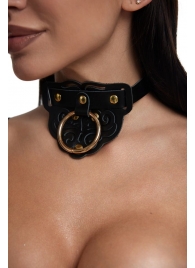 Черный фигурный кожаный ошейник с золотистой фурнитурой - Crazy Handmade - купить с доставкой в Нижнекамске