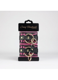 Черные кожаные наручники с розовой строчкой - Crazy Handmade - купить с доставкой в Нижнекамске
