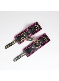 Черные кожаные наручники с розовой строчкой - Crazy Handmade - купить с доставкой в Нижнекамске