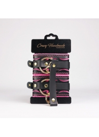 Черные кожаные оковы с розовой строчкой - Crazy Handmade - купить с доставкой в Нижнекамске