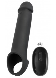 Черная вибронасадка для пениса с хомутом для мошонки и пультом ДУ Remote Controlled Penis Extension - Orion - в Нижнекамске купить с доставкой