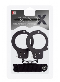 Чёрные наручники из листового металла в комплекте с веревкой BONDX METAL CUFFS LOVE ROPE SET - Dream Toys - купить с доставкой в Нижнекамске