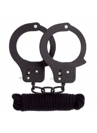 Чёрные наручники из листового металла в комплекте с веревкой BONDX METAL CUFFS LOVE ROPE SET - Dream Toys - купить с доставкой в Нижнекамске