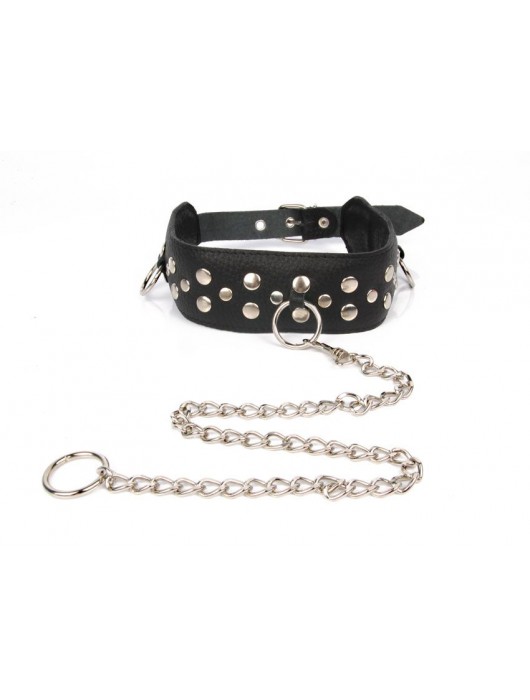 Черный ошейник с заклепками с металлическим поводком-цепочкой - Notabu - купить с доставкой в Нижнекамске