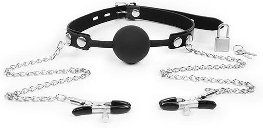 Черный кляп-шарик с зажимами на соски на металлической цепочке - Notabu - купить с доставкой в Нижнекамске