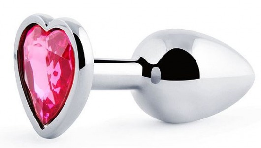 Серебристая анальная пробка с розовым кристаллом-сердечком - 7 см. - Anal Jewelry Plug - купить с доставкой в Нижнекамске