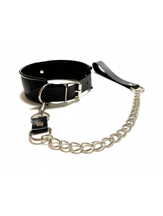 Черный ошейник с поводком из эко-кожи - БДСМ Арсенал - купить с доставкой в Нижнекамске