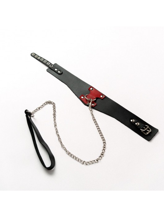 Черный широкий ошейник с красным декором и поводком - Crazy Handmade - купить с доставкой в Нижнекамске
