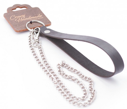 Серебристый металлический поводок с кожаной черной ручкой - 80 см. - Crazy Handmade - купить с доставкой в Нижнекамске