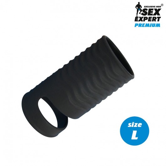 Черная открытая насадка на пенис с кольцом для мошонки L-size - 8,5 см. - Sex Expert - в Нижнекамске купить с доставкой
