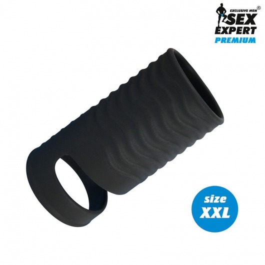 Черная открытая насадка на пенис с кольцом для мошонки XXL-size - 9,4 см. - Sex Expert - в Нижнекамске купить с доставкой