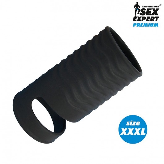 Черная открытая насадка на пенис с кольцом для мошонки XXXL-size - 9,9 см. - Sex Expert - в Нижнекамске купить с доставкой