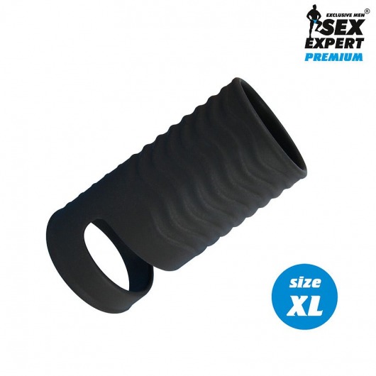 Черная открытая насадка на пенис с кольцом для мошонки XL-size - 8,9 см. - Sex Expert - в Нижнекамске купить с доставкой