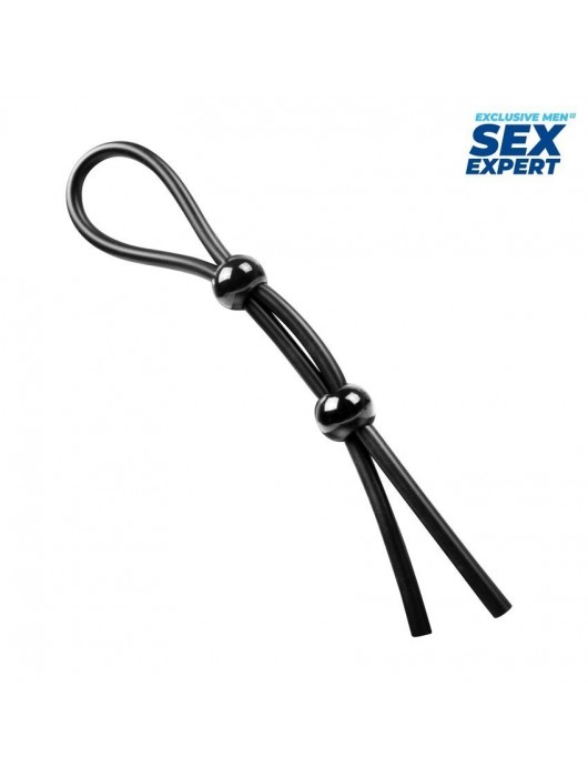 Черное силиконовое лассо с двумя шариками для утяжки - Sex Expert - в Нижнекамске купить с доставкой