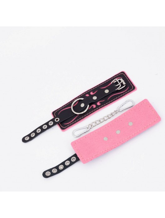 Черно-розовые кожаные наручники с розовой строчкой - Crazy Handmade - купить с доставкой в Нижнекамске