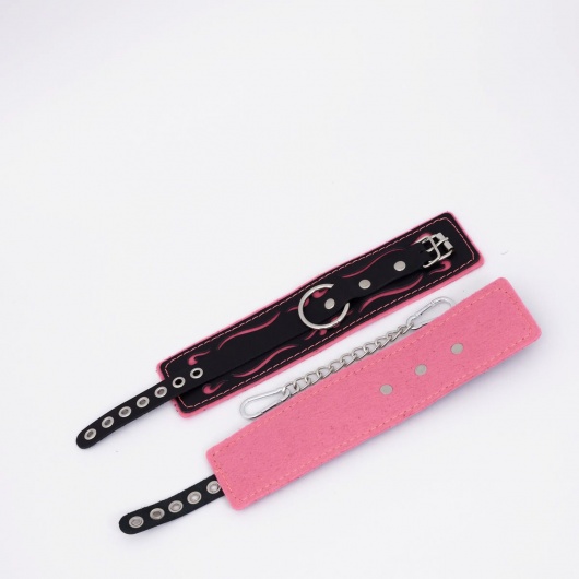 Черно-розовые кожаные оковы с розовой строчкой - Crazy Handmade - купить с доставкой в Нижнекамске