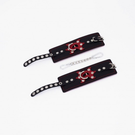 Черные кожаные наручники с красным декором и строчкой - Crazy Handmade - купить с доставкой в Нижнекамске