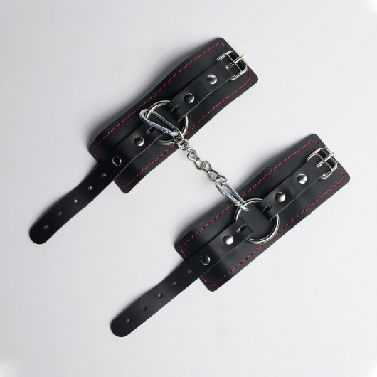 Черные кожаные наручники с красной строчкой - Crazy Handmade - купить с доставкой в Нижнекамске