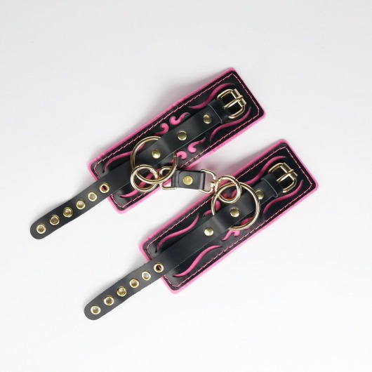 Черные кожаные наручники с розовой строчкой - Crazy Handmade - купить с доставкой в Нижнекамске