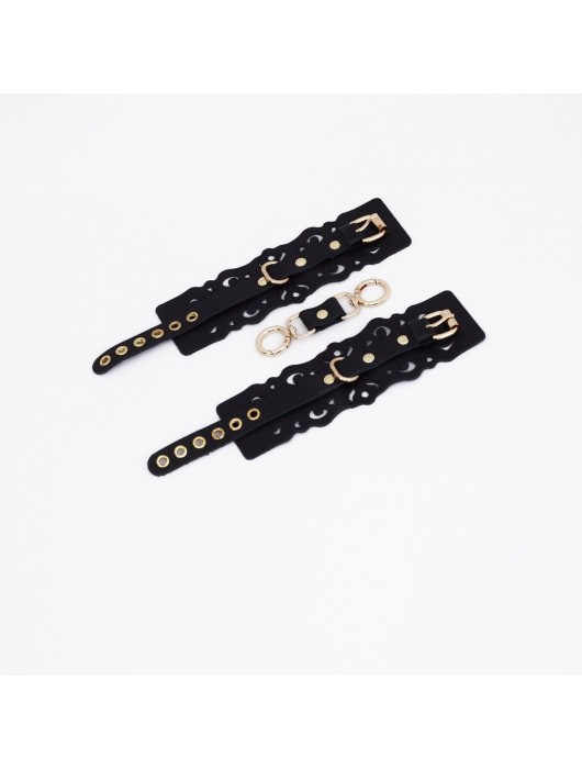 Черные кожаные наручники с узорами и золотистой фурнитурой - Crazy Handmade - купить с доставкой в Нижнекамске