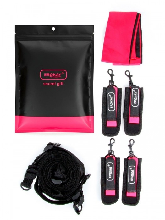 Черно-розовый эротический набор: фиксатор, оковы, наручники, повязка - Erokay - купить с доставкой в Нижнекамске
